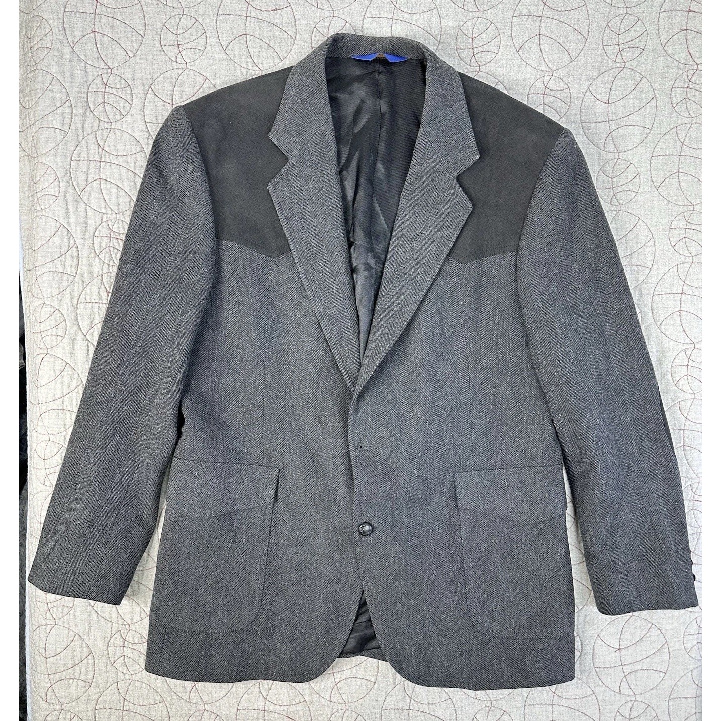 Vtg Pendleton Western Suede Yoke Elbow Patches Wool Blazer Herringbone / 44 Long